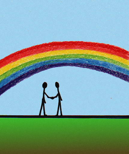 Pastel drawing of two stick figures shaking hands under a rainbow, with the world Hello! interposed.